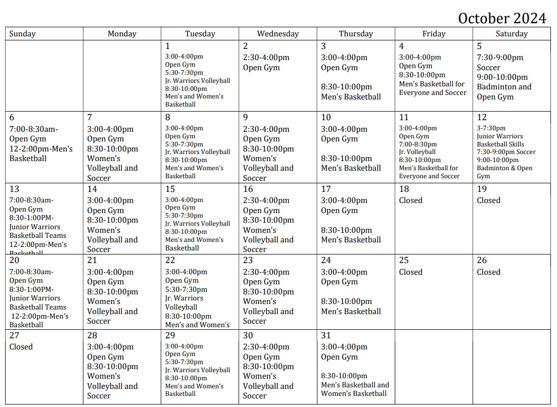 Oct. 2024 Schedule